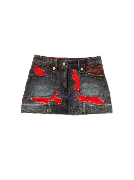 Upcycled denim lava mini skirt