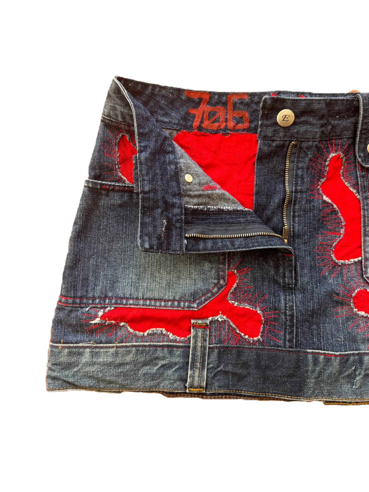 Upcycled denim lava mini skirt